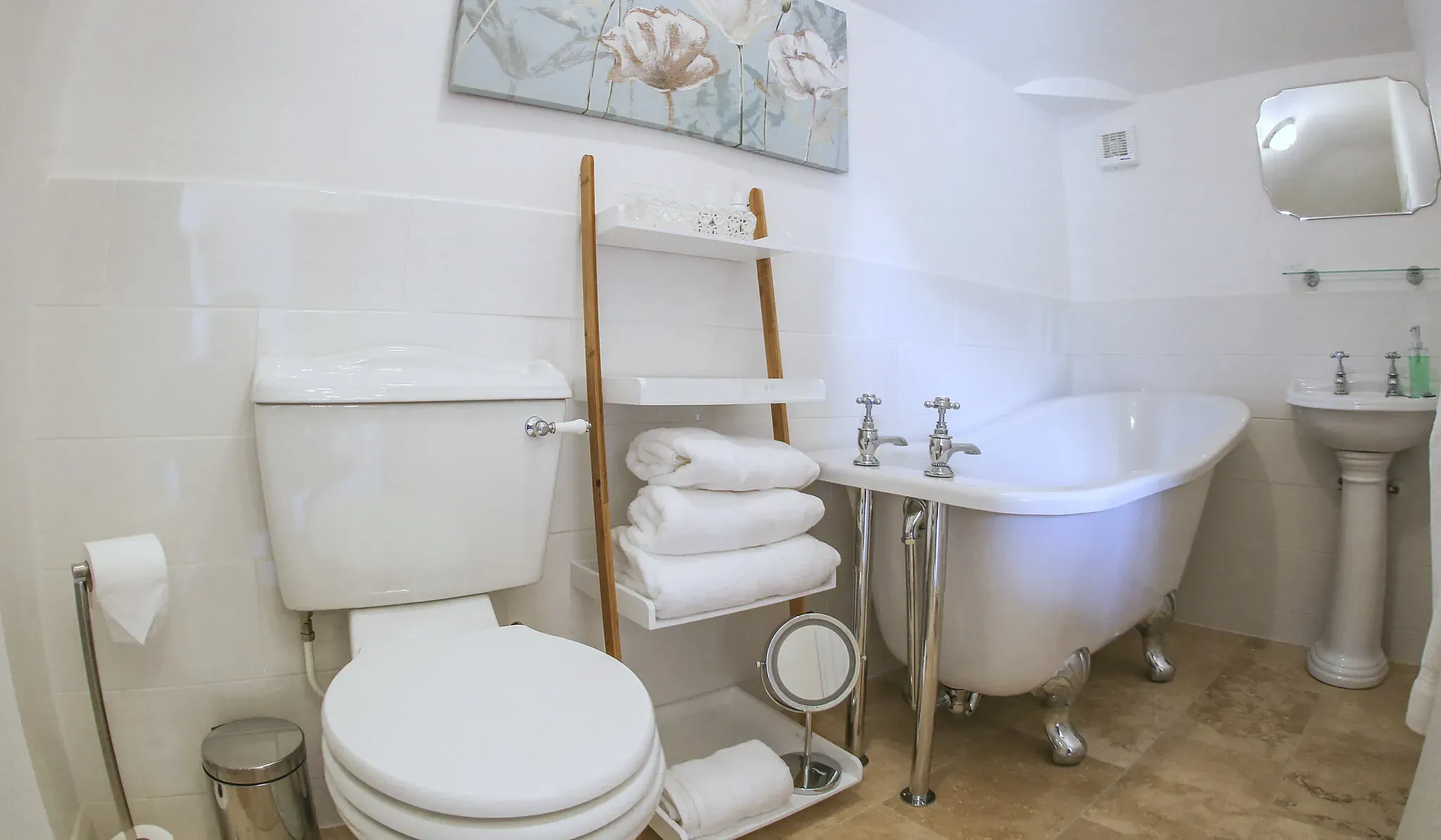 Oak Barn master ensuite with a roll-top slipper bath on chrome feet